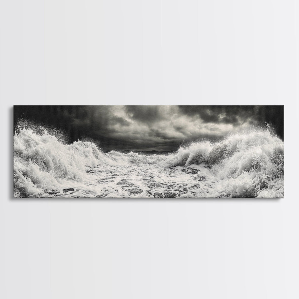 Storm Waves, Moody Sea, Ocean Power, Canvas Print, dramatic bathroom wall art, black and white seascape, coastal energy room decor