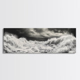 Storm Waves, Moody Sea, Ocean Power, Canvas Print, dramatic bathroom wall art, black and white seascape, coastal energy room decor