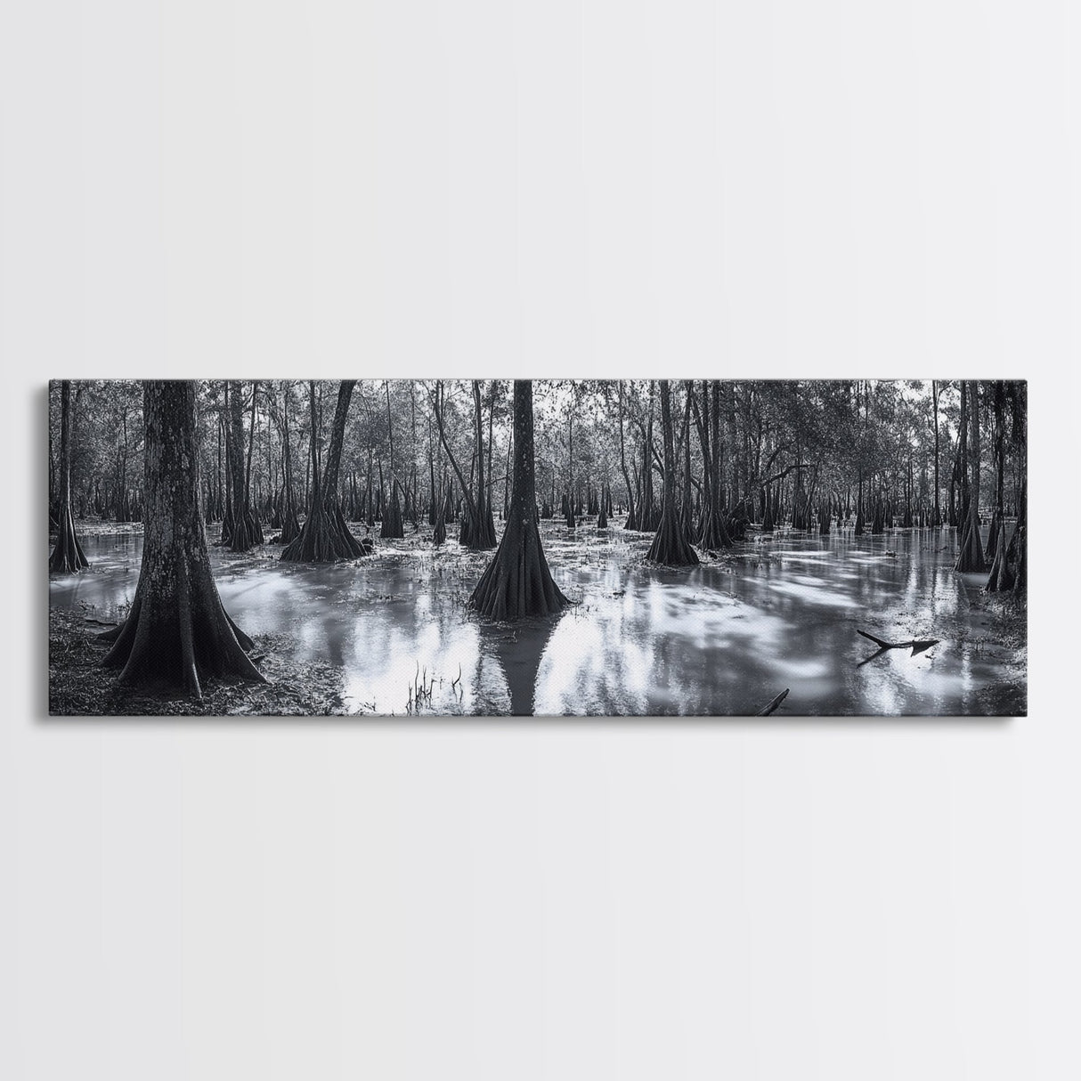 Swamp Roots, Cypress Trees, Flooded Forest, Framed Canvas Print, southern nature art, rustic lodge wall decor, moody woodland photography