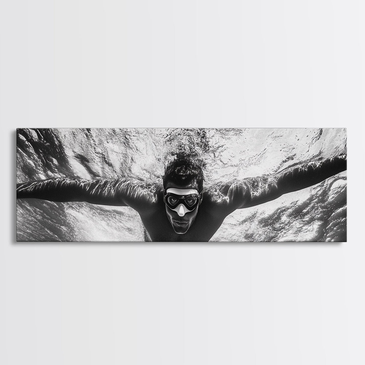 Underwater Swim, Black White Diver, Ocean Exploration, Canvas Print, modern bathroom wall art, sporty fitness vibe, minimalist ocean style