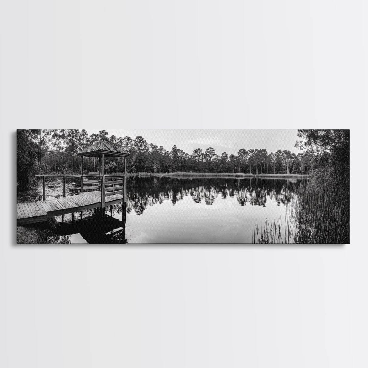 Still Lake Dock, Nature Reflections, Tranquil Scene, Canvas Print, Rustic Landscape Photography, Farmhouse Wall Art, Entryway Decor
