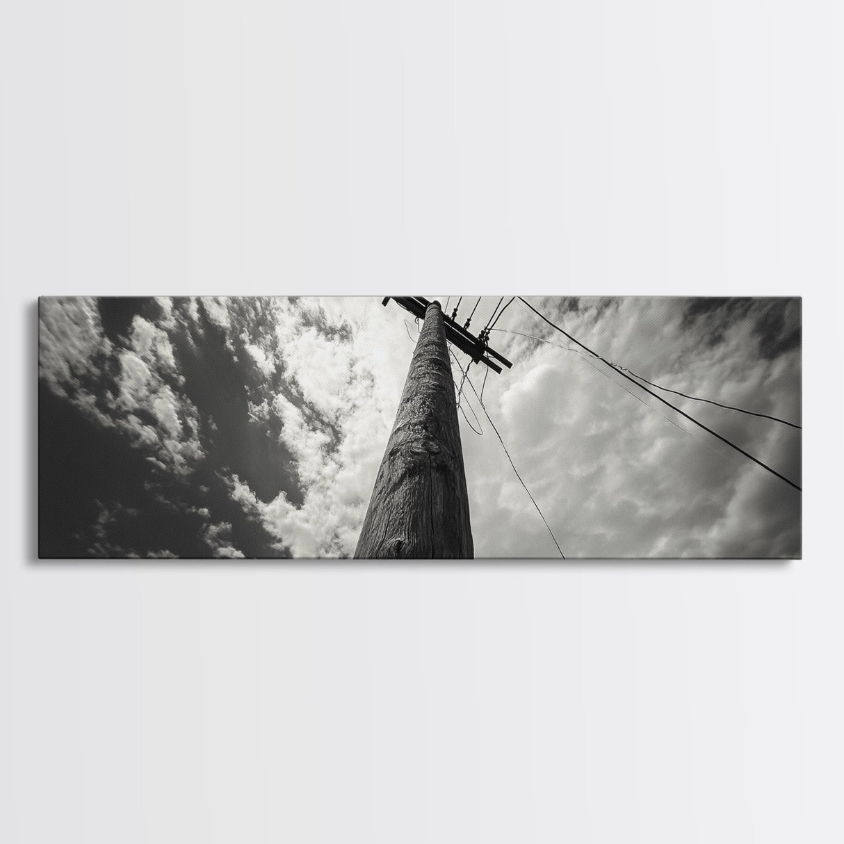 Utility Pole Sky, Urban Minimalism, Power Lines, Framed Canvas Print, Industrial Wall Art, Office Decor, Monochrome Photography