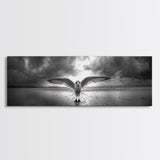 Winged Bird Beach, Coastal Sunrise, Dramatic Flight, Canvas Print, Beach House Decor, Living Room Wall Art, Nature Photography