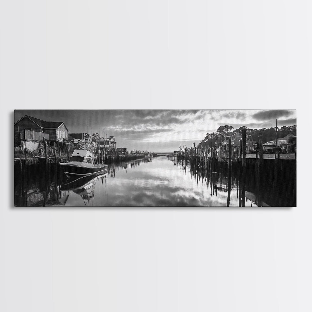Fishing Dock, Quiet Marina, Waterside Village, Canvas Print, Nautical Wall Art, Lake House Decor, Black and White Photography