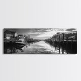 Fishing Dock, Quiet Marina, Waterside Village, Canvas Print, Nautical Wall Art, Lake House Decor, Black and White Photography