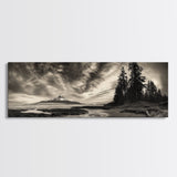 Mountain Shoreline, Stormy Sky, Forest Edge, Canvas Print, Wilderness Landscape Art, Cabin Decor, Moody Nature Photography
