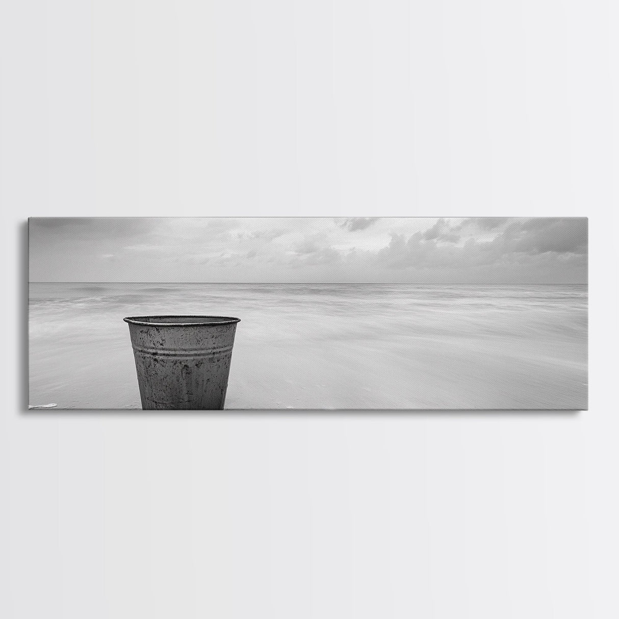 Seaside Metal Pail, Coastal Minimalism, Black White Art, Modern Bathroom Art, Framed Canvas Print, Tranquil Ocean Wall Decor