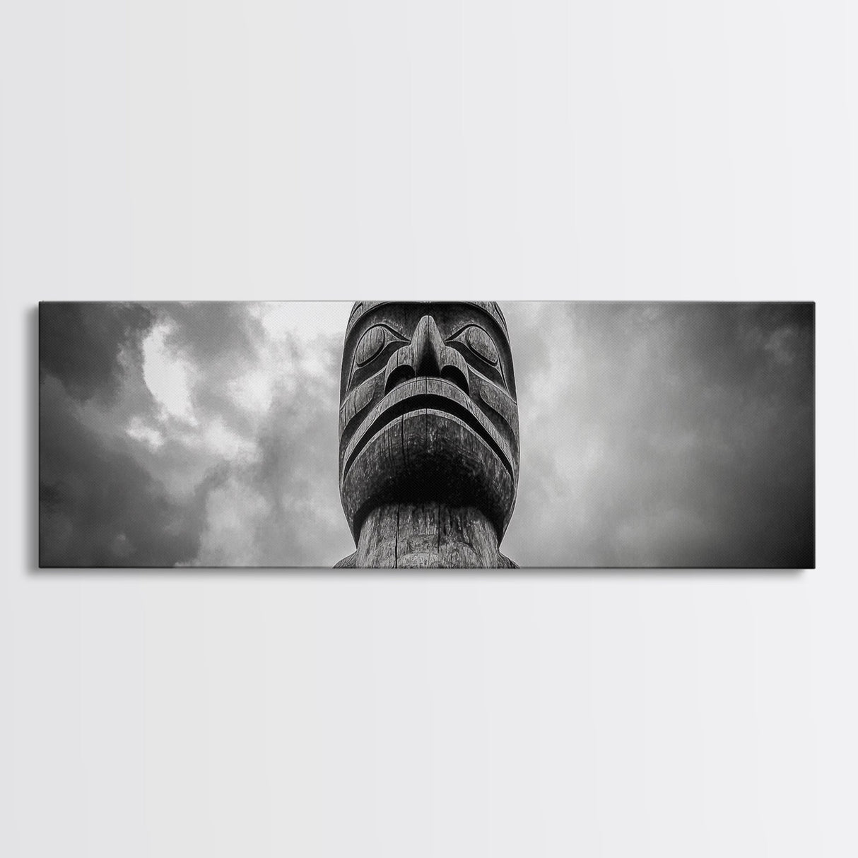 Tribal Totem Head, Cultural Wall Art, Primitive Sculpture Print, Monochrome Decor, Canvas Print, Office or Study Accent