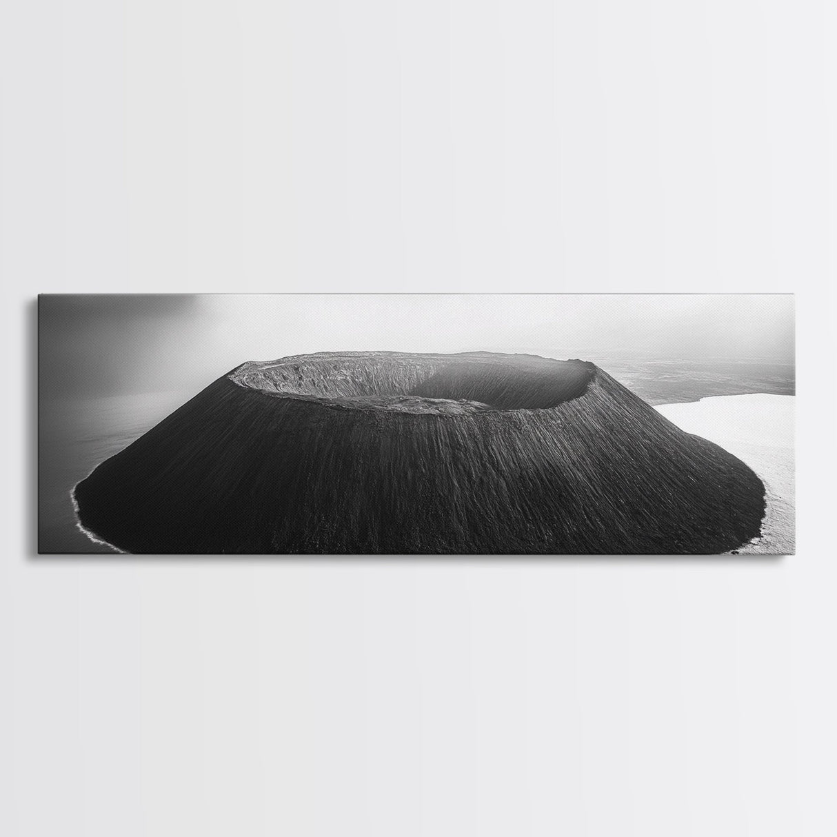 Island Volcano, Crater View, Aerial Landscape, Coastal Photography, Canvas Print, Nature Wall Decor, Bedroom Art, Monochrome Landscape