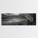Stormy Beach, Weathered Sign, Moody Ocean, Black and White Photography, Framed Canvas Print, Coastal Gothic Wall Art, Autumn Decor