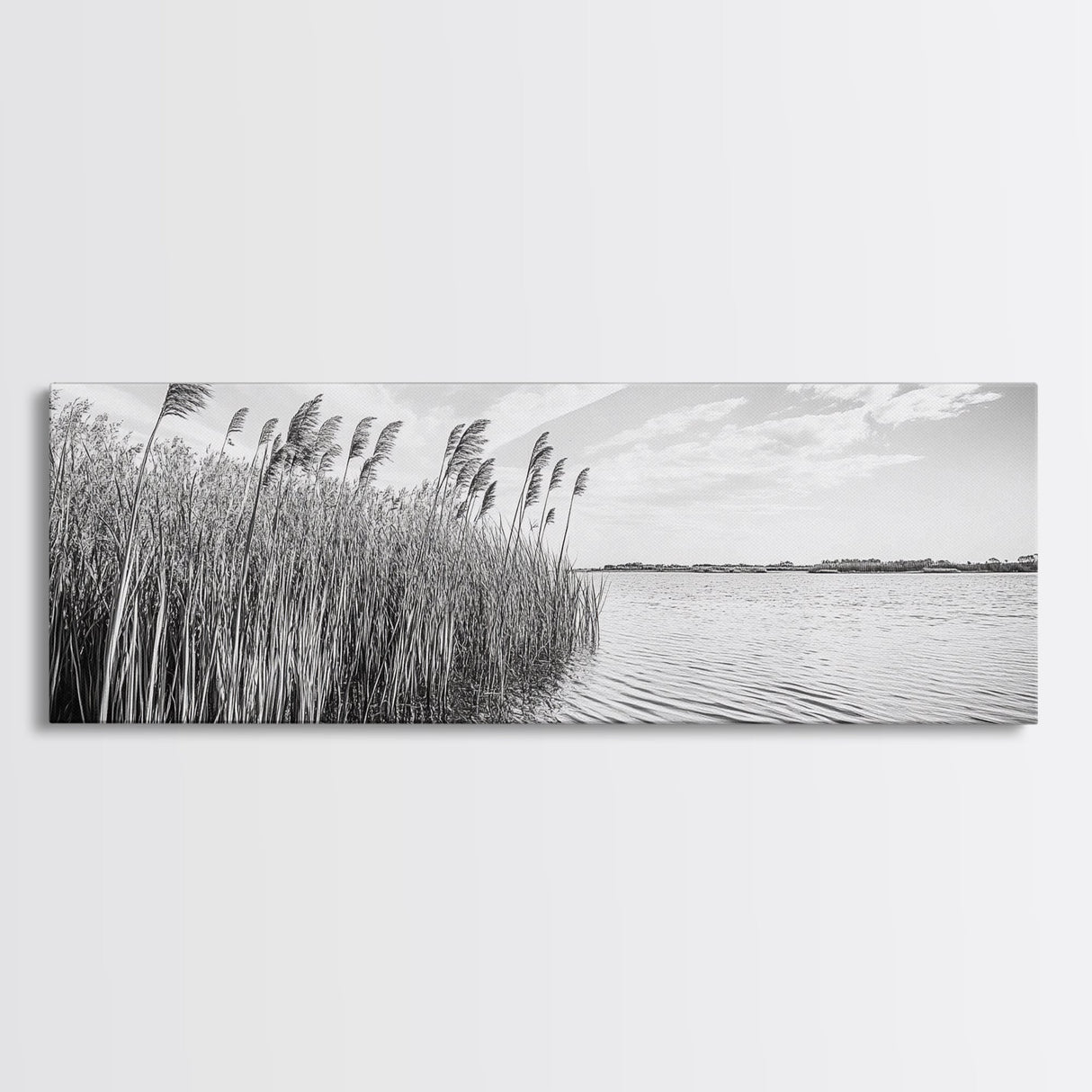 Windy Reeds, Lakeside Breeze, Natural Grass Art, Monochrome Landscape, Canvas Print, Boho Living Room Decor, Botanical Minimalist Wall Art