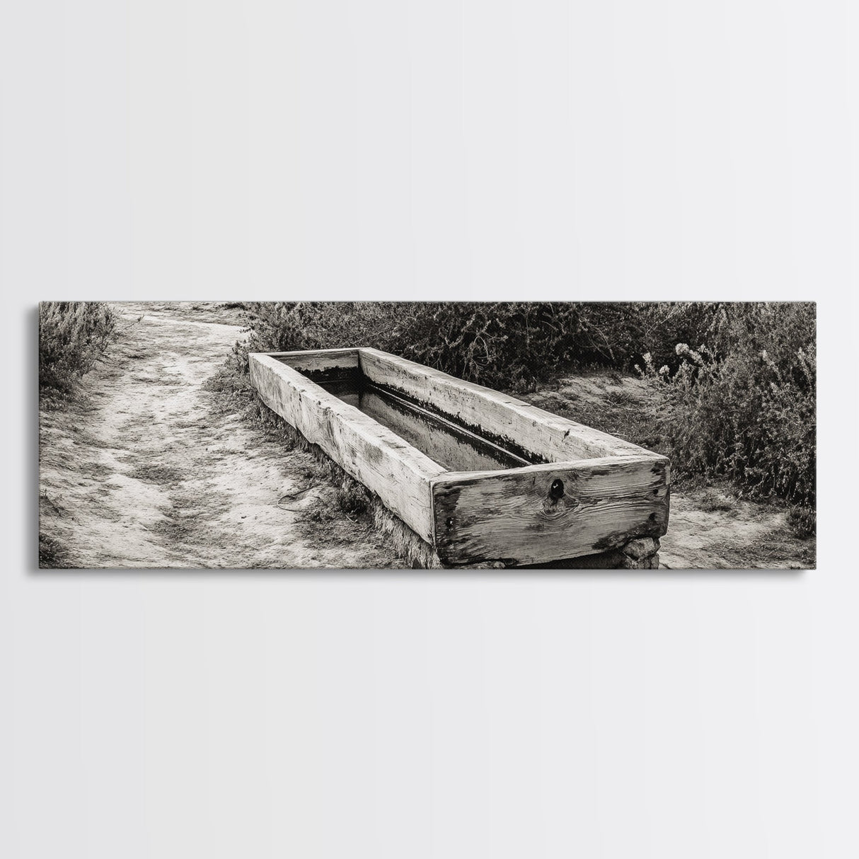 Rustic Water Trough, Nature Trail, Western Desert Scene, Framed Canvas Print, Country Farmhouse Decor, Minimalist Entryway Wall Art