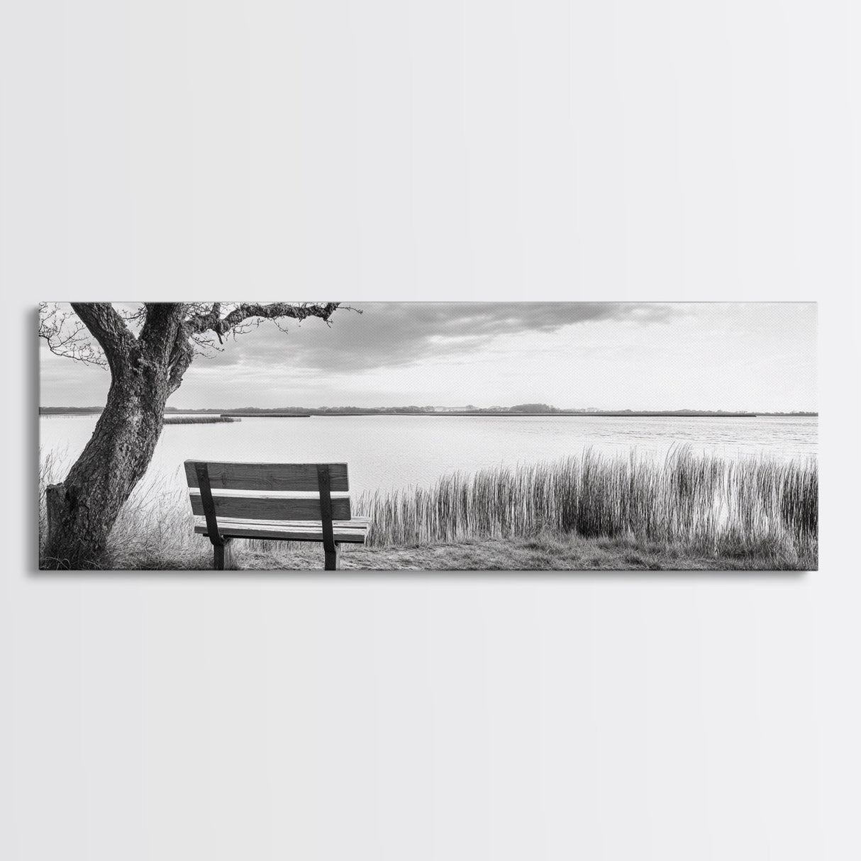 Quiet Lake Bench, Peaceful Reflection, Nature Photography, Framed Canvas Print, Serene Bedroom Decor, Minimalist Living Room Wall Art
