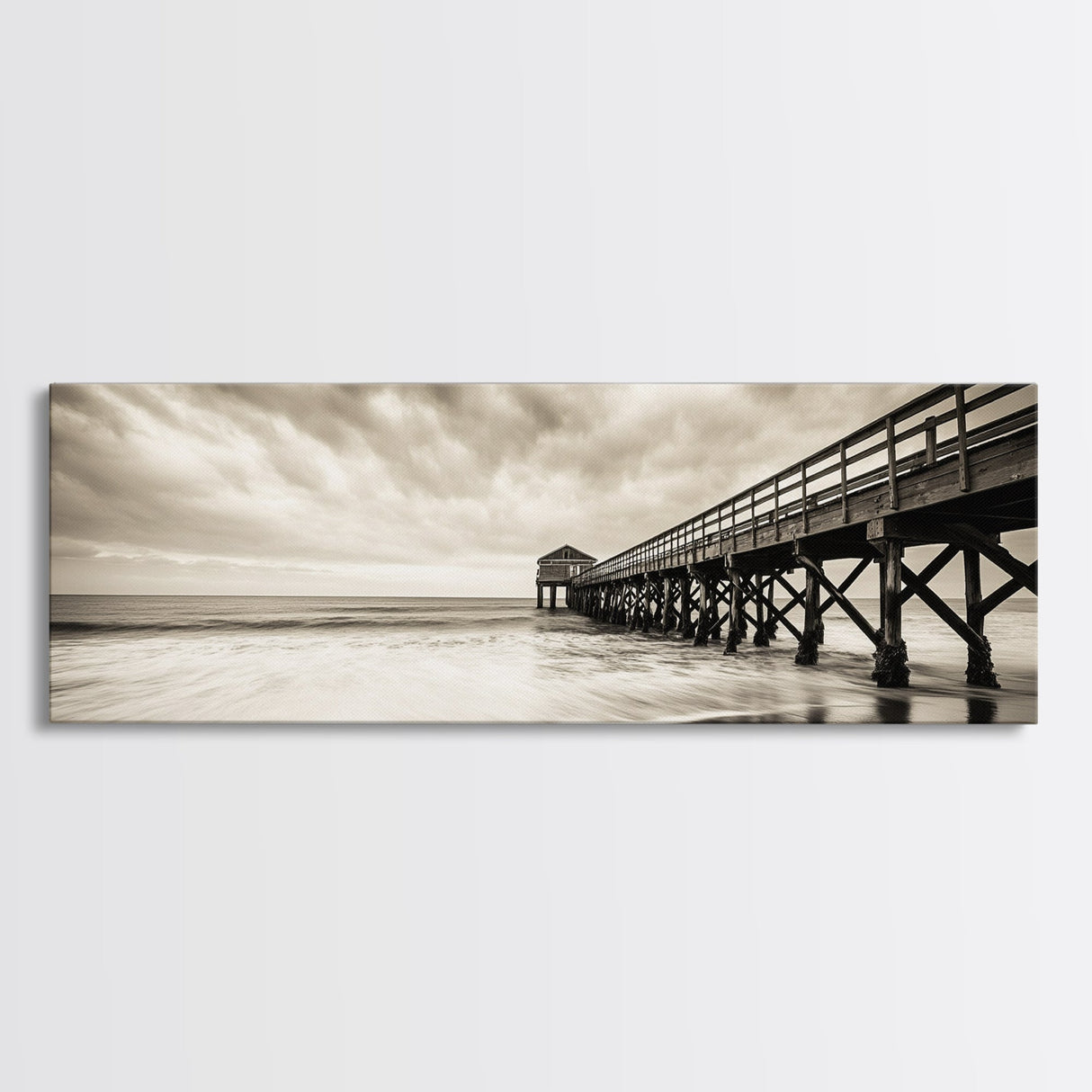 Pier at Dusk, Ocean Boardwalk, Stormy Beach Horizon, Framed Canvas Print, Moody Coastal Wall Art, Nautical Living Room Decor