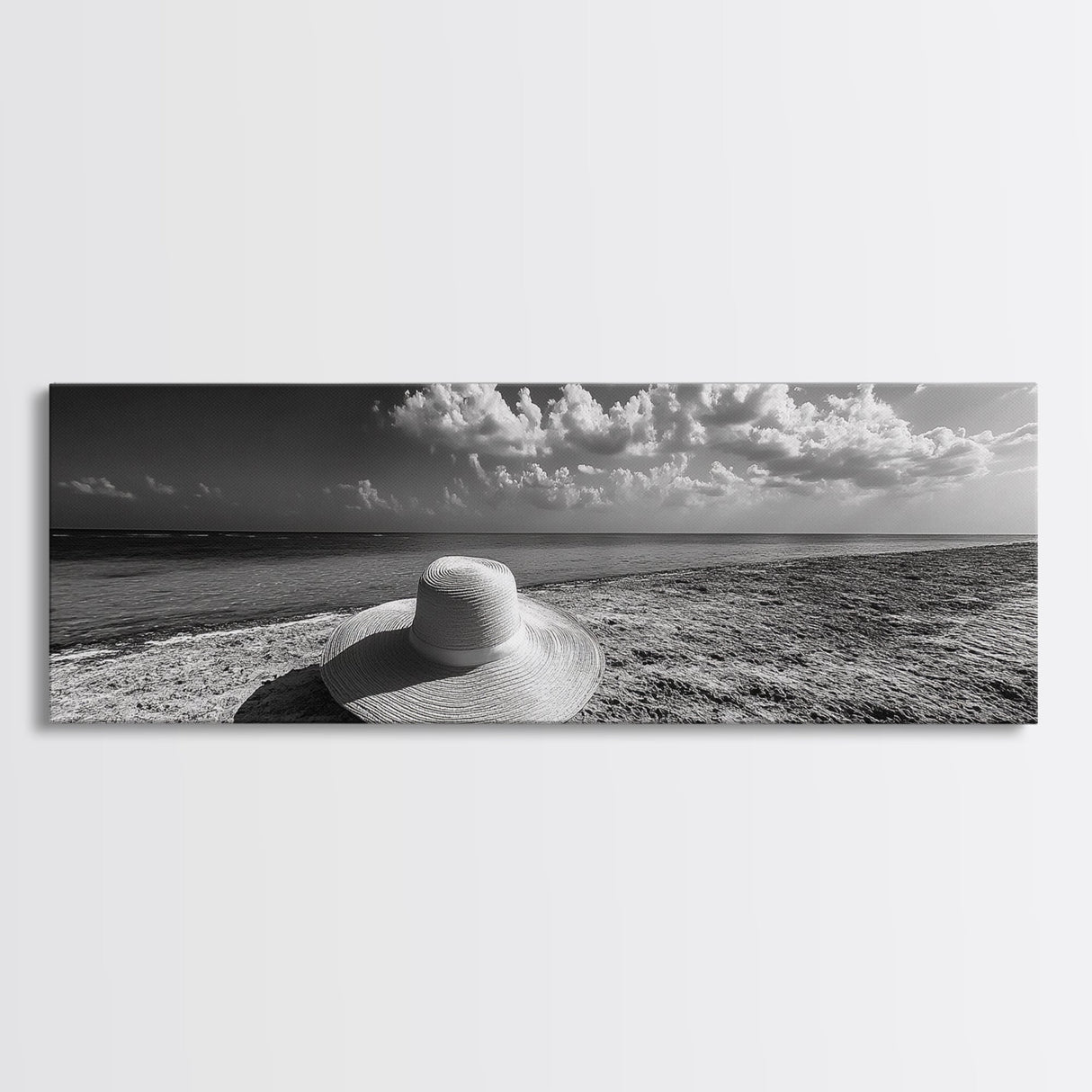Beach Hat Scene, Coastal Escape, Sunny Seaside Moment, Framed Canvas Print, Modern Boho Bedroom Art, Summer Inspired Wall Decor