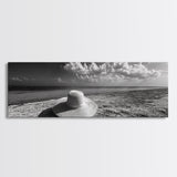 Beach Hat Scene, Coastal Escape, Sunny Seaside Moment, Framed Canvas Print, Modern Boho Bedroom Art, Summer Inspired Wall Decor