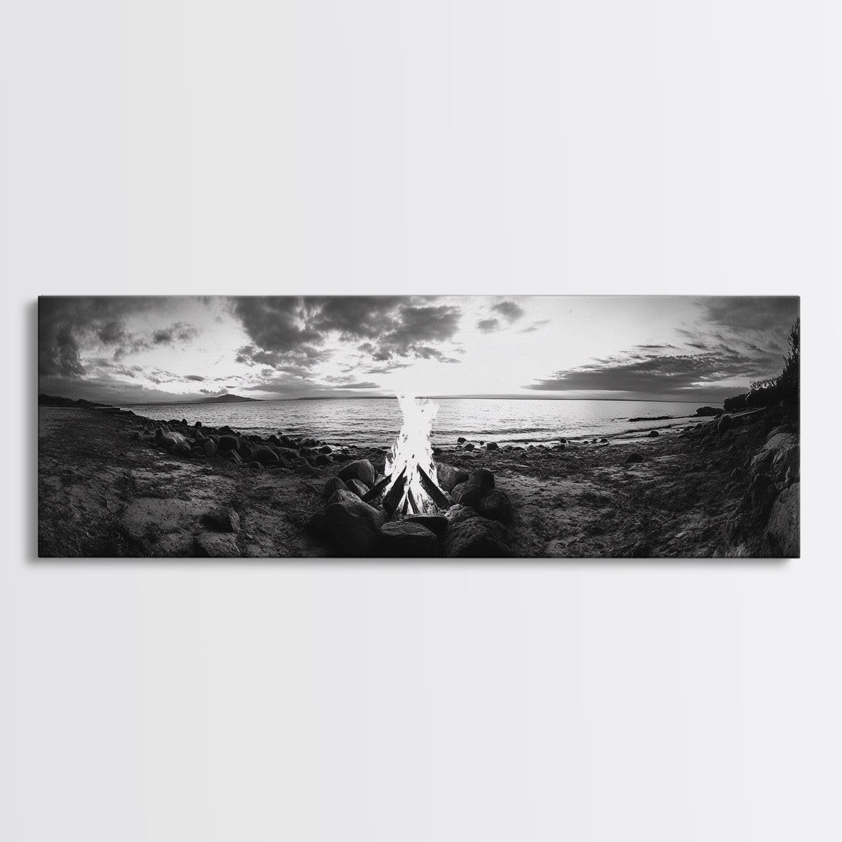 Seaside Fire, Coastal Camp, Black White, Night Shore, Framed Canvas Print, Fall decor, rustic outdoor art, cozy cabin wall art, man cave