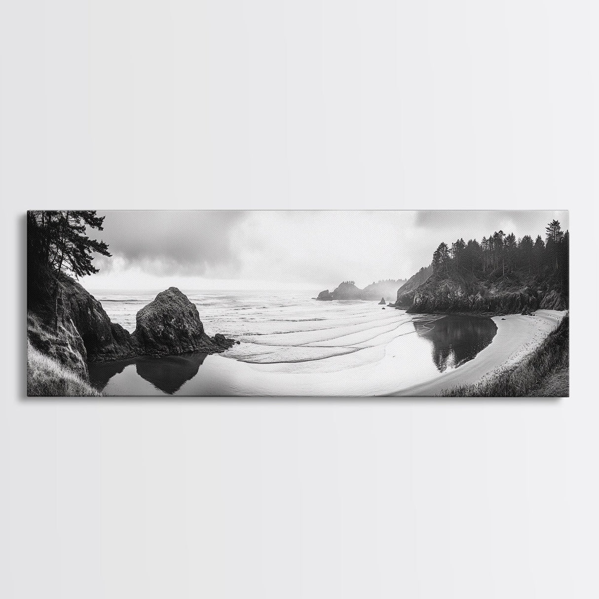 Forest Beach, Pacific Coast, Morning Mist, Tranquil Cove, Framed Canvas Print, Rustic Cabin Wall Art, Nature Landscape Photography