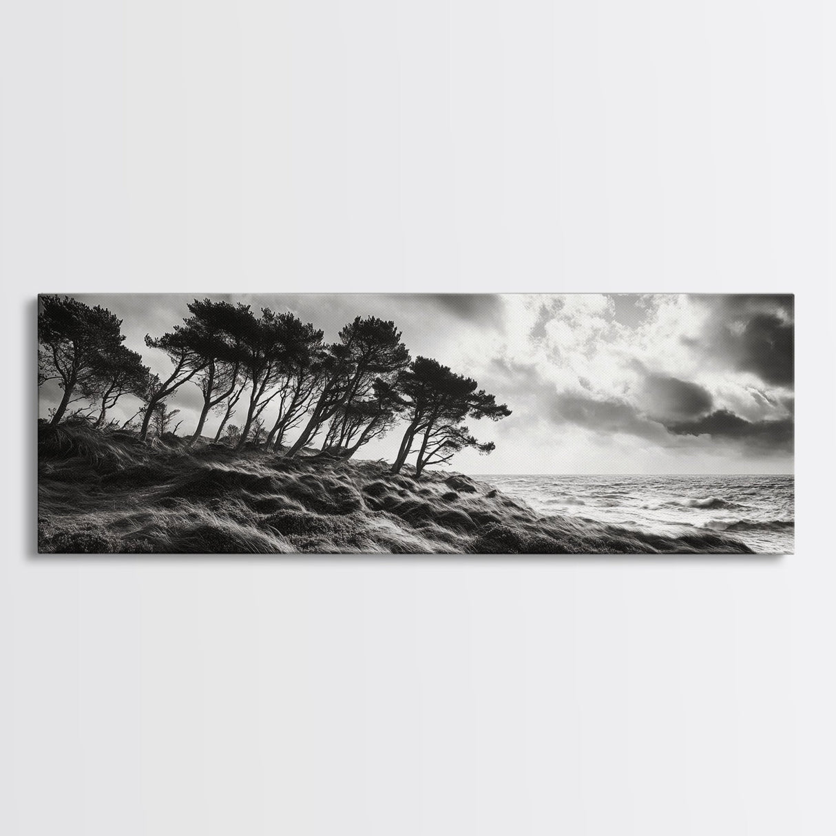 Windswept Pines, Stormy Sea, Moody Coastal Scene, Framed Canvas Print, Rustic Nature Decor, Bedroom Wall Art, Autumn Vibes