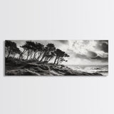 Windswept Pines, Stormy Sea, Moody Coastal Scene, Framed Canvas Print, Rustic Nature Decor, Bedroom Wall Art, Autumn Vibes