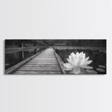 Water Lily, Peaceful Pond, Wooden Dock, Framed Canvas Print, Zen Wall Art, Meditation Room Decor, Black and White Nature Art