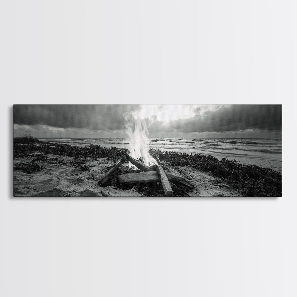 Driftwood Fire, Coastal Sky, Ocean Mood, Fall Campfire, Framed Canvas Print, rustic lake decor, bohemian fireplace art, nature wall accent