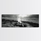 Driftwood Fire, Coastal Sky, Ocean Mood, Fall Campfire, Framed Canvas Print, rustic lake decor, bohemian fireplace art, nature wall accent