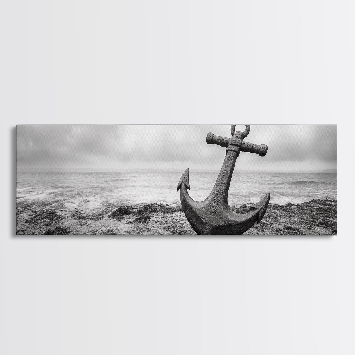 Anchor Shore, Ocean Symbol, Coastal Rust, Nautical Fog, Framed Canvas Print, Bathroom Decor, Marine Wall Art, Minimalist Nautical Style