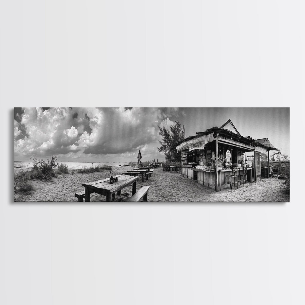 Beachside Bar Scene, Rustic Cafe, Ocean Picnic, Cloudy Sky, Framed Canvas Print, Coastal Kitchen Wall Art, Boho Bar Decor