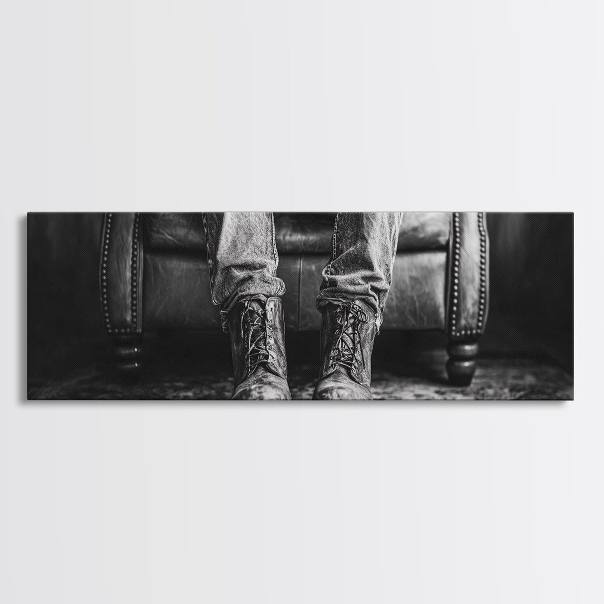 Cowboy Boots Closeup, Rustic Chair, Leather Details, Western Life, Framed Canvas Print, Masculine Office Wall Art, Farmhouse Style