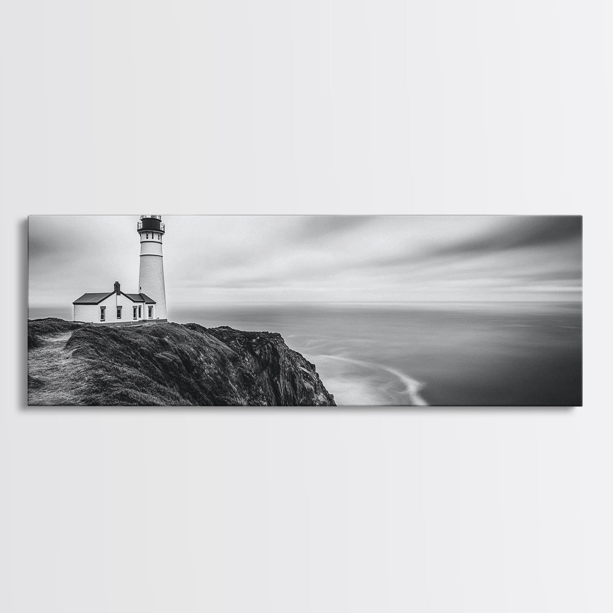 Lighthouse Serenity, Coastal Fog, Ocean Horizon, Canvas Print, Black and White Decor, Office Wall Art, Nautical Theme, Moody Photography