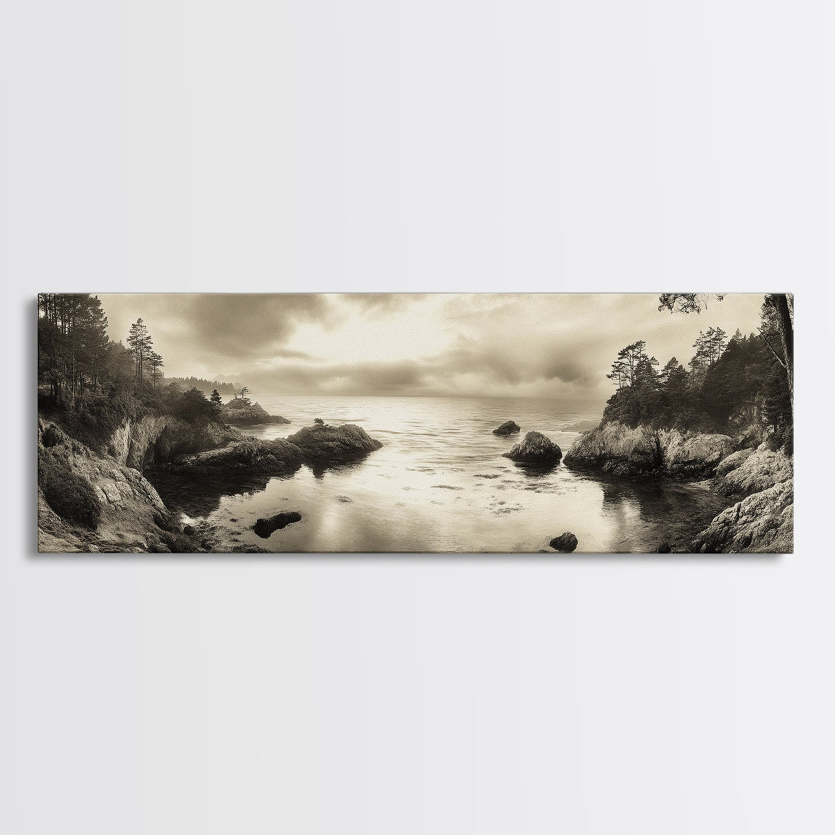 Hidden Cove Sunset, Rocky Seascape, Coastal Tranquility, Framed Canvas Print, Forest Edge, Moody Living Room Wall Art, Seaside Escape