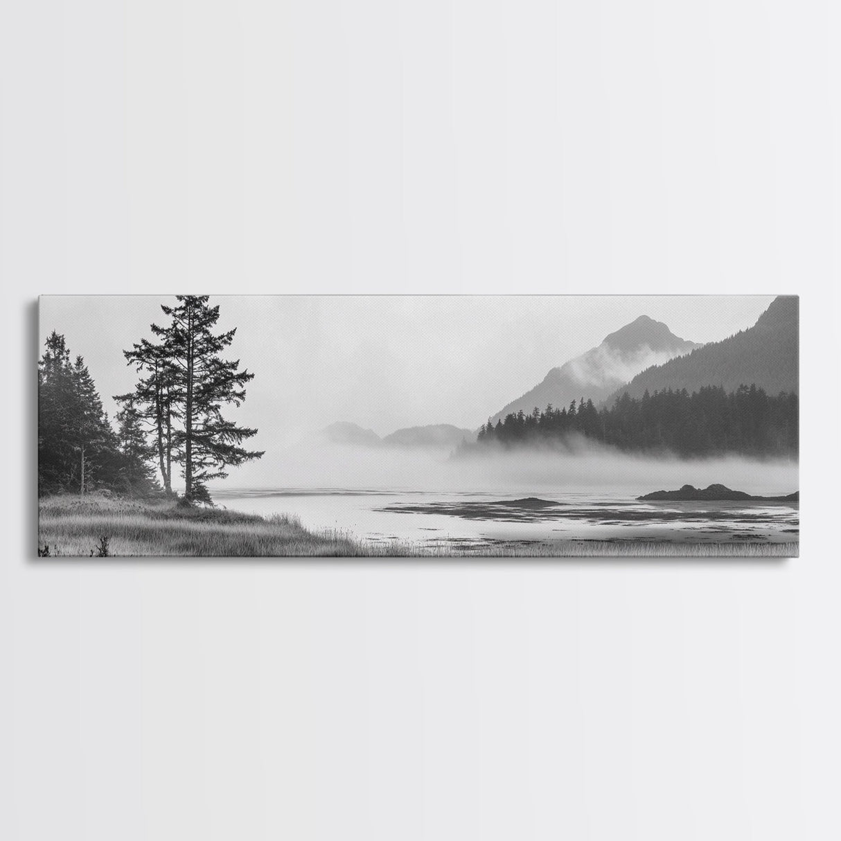 Foggy River Valley, Evergreen Mountains, Morning Mist Landscape, Framed Canvas Print, Tranquil Bedroom Art, Nature Inspired Decor