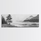 Foggy River Valley, Evergreen Mountains, Morning Mist Landscape, Framed Canvas Print, Tranquil Bedroom Art, Nature Inspired Decor