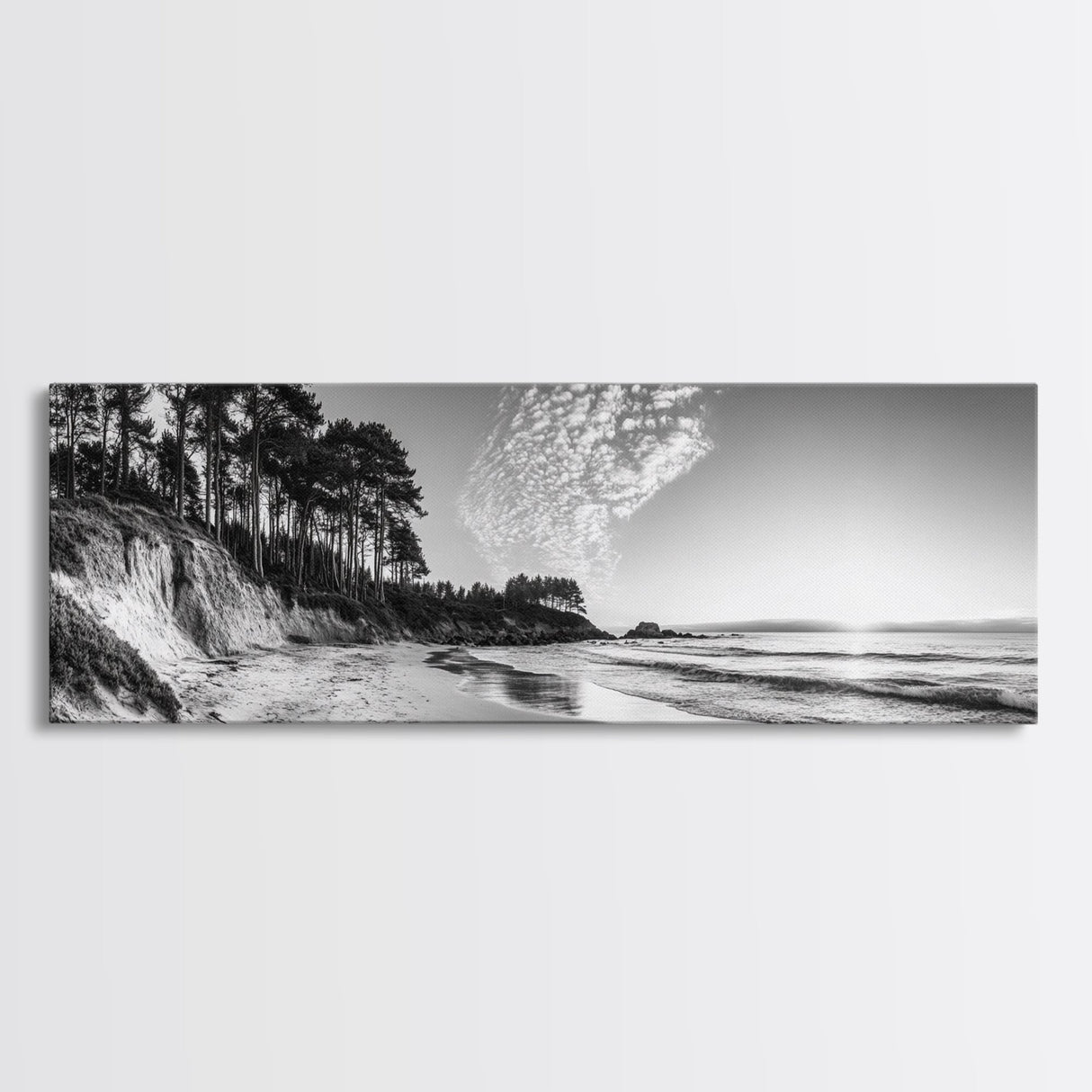 Forest Edge Beach, Coastal Sandscape, Sunset Sky, Canvas Print, Black and White Landscape, Coastal Living Room Art, Natural Vibes