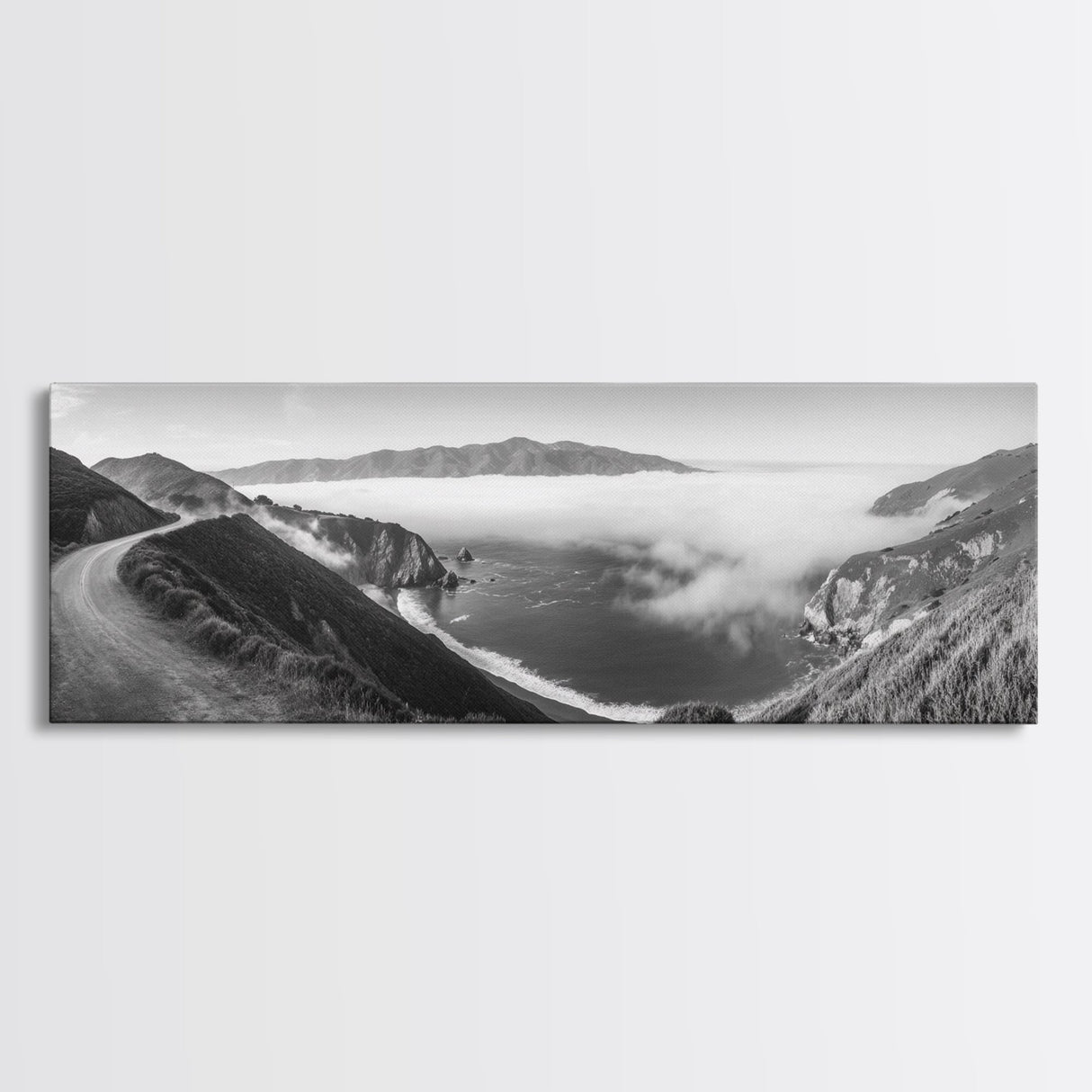Mountain Road, Foggy Ocean View, Cliffside Drive, Framed Canvas Print, Scenic Wall Decor, Travel Photography, Modern Minimalist Art