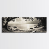 Serene Bench, Ocean View, Tropical Shoreline, Framed Canvas Print, Tranquil Beach Art, Entryway Decor, Nature Photography Wall Art