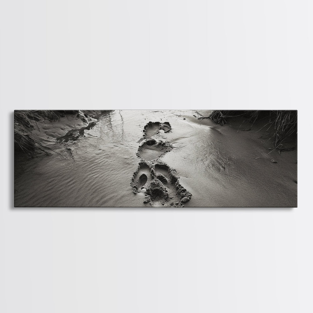 Footprints in Sand, Nature Pathway, Tranquil Stream, Framed Canvas Print, Mindful Journey Art, Rustic Entryway Wall Photography