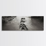 Footprints in Sand, Nature Pathway, Tranquil Stream, Framed Canvas Print, Mindful Journey Art, Rustic Entryway Wall Photography