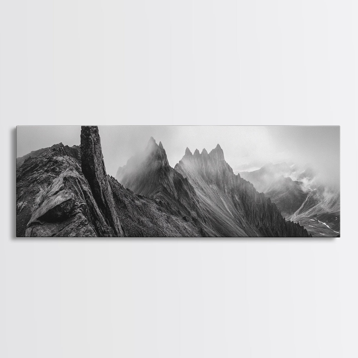 Jagged Peaks, Foggy Mountains, Dramatic Range, Canvas Print, Monochrome Wilderness Art, Office or Cabin Wall Decor, Adventure Style