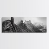 Jagged Peaks, Foggy Mountains, Dramatic Range, Canvas Print, Monochrome Wilderness Art, Office or Cabin Wall Decor, Adventure Style