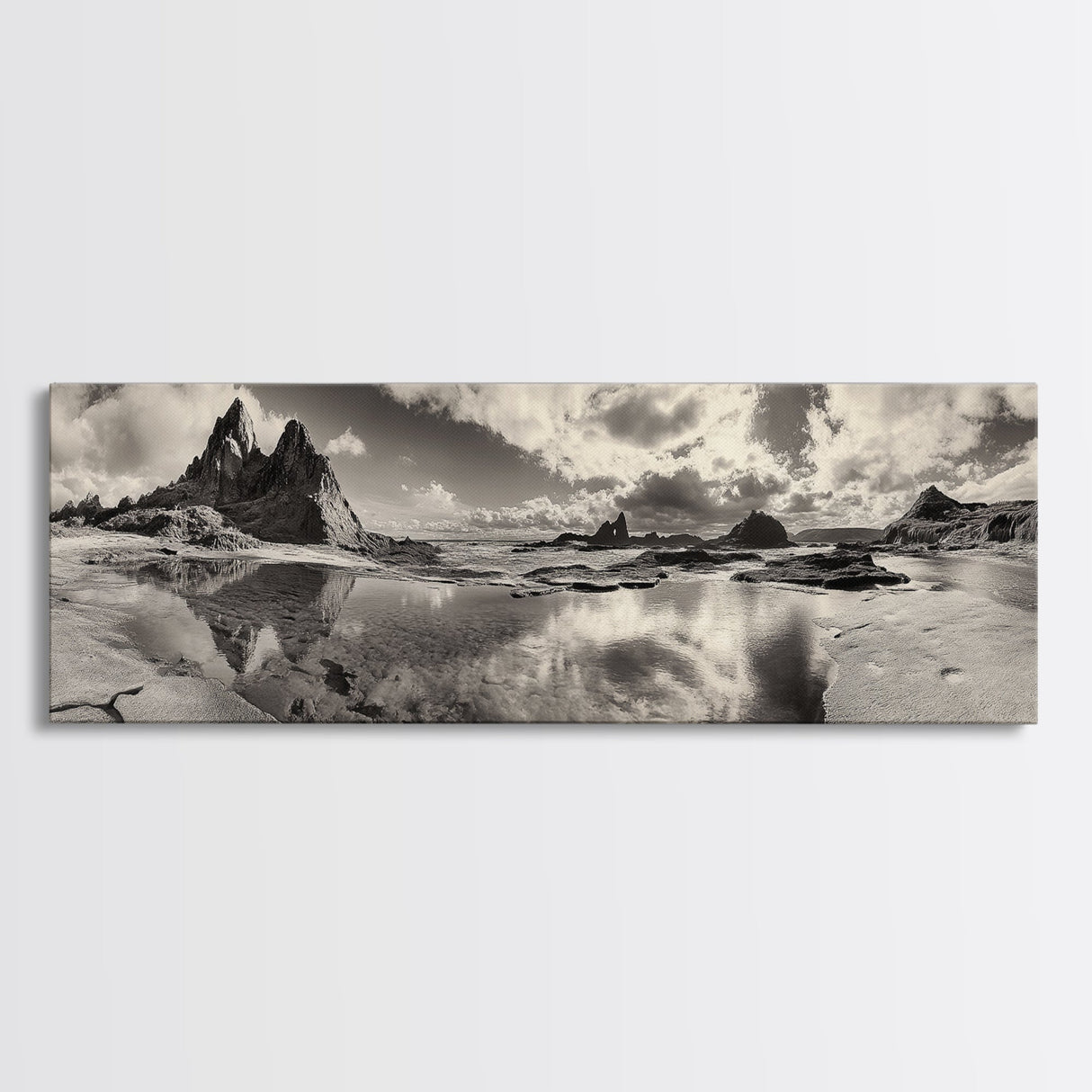 Coastal Rocks, Ocean Reflection, Dramatic Sky, Framed Canvas Print, Beach Landscape Photography, Fall Living Room Wall Art