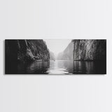 Misty Canyon, River Passage, Tranquil Adventure, Canvas Print, Nature Escape Wall Art, Zen Office Decor, Moody Black and White Style