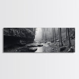 Misty River, Tranquil Forest, Autumn Nature, Monochrome Photography, Framed Canvas Print, Bedroom Wall Art, Rustic Decor, Minimalist Style