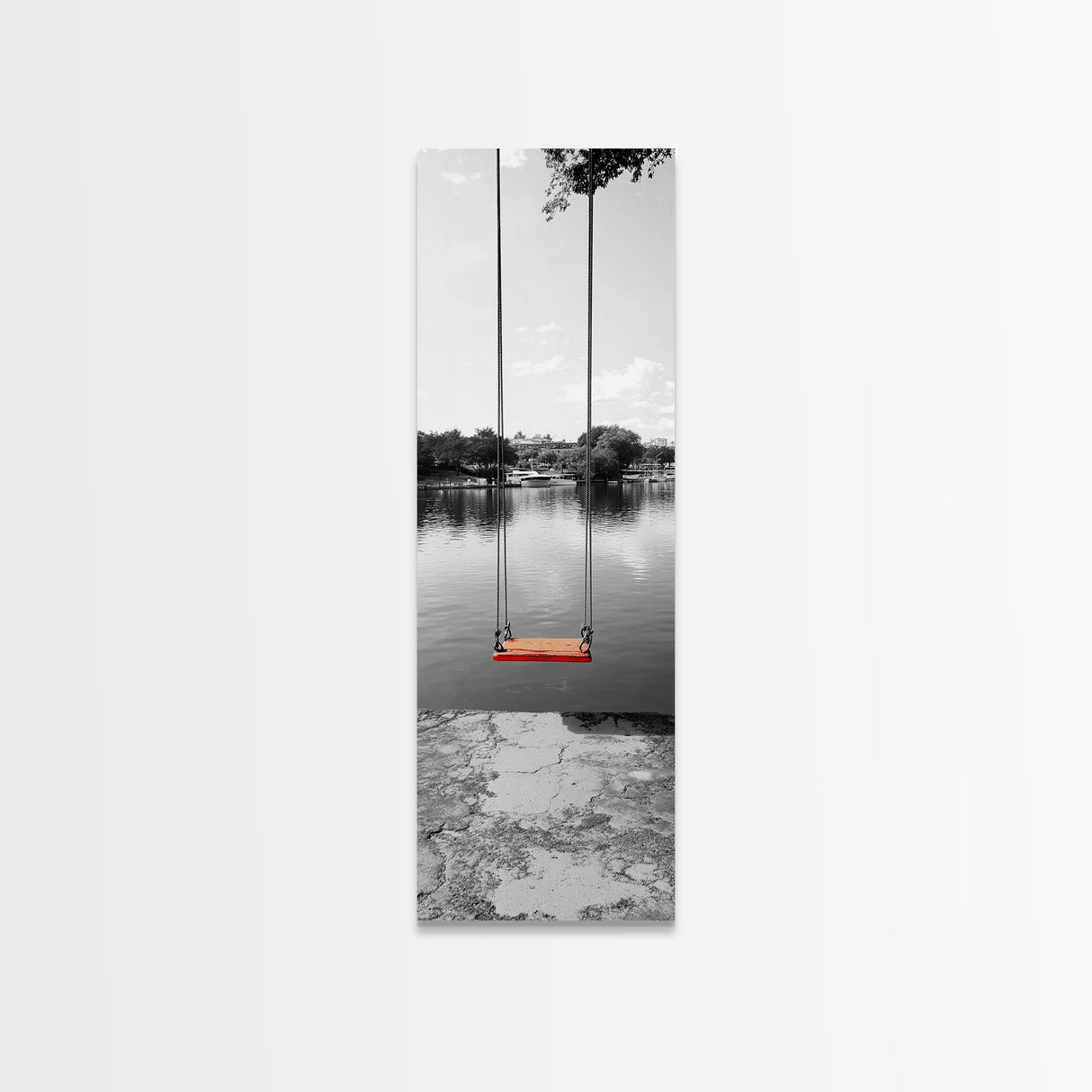 Swing Over Lake, Still Waters, Childhood Memories, Tranquil View – Canvas Print, Minimalist Wall Art, Kids Room Decor, Serene Black and White