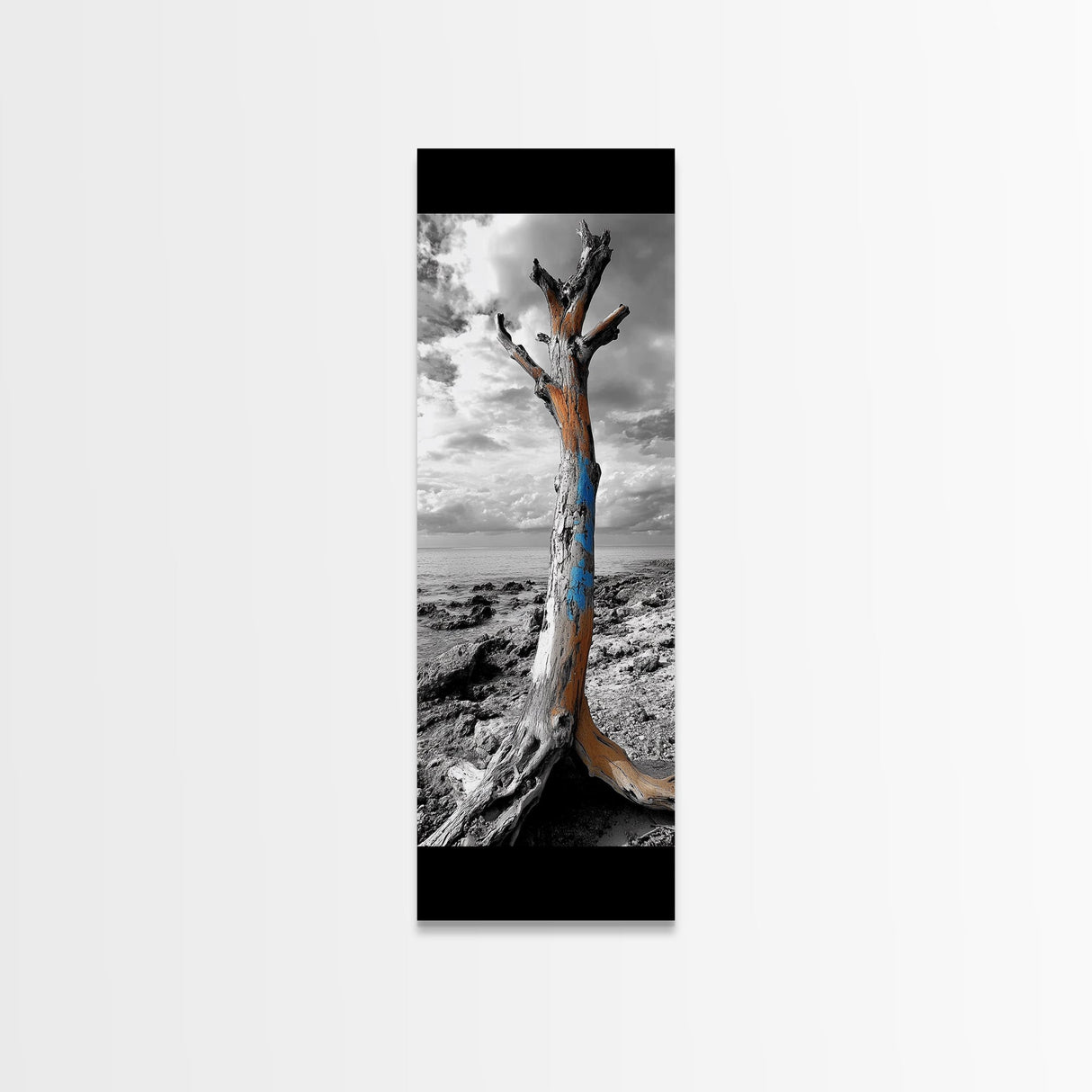 Painted Tree, Coastal Driftwood, Stormy Sky, Bold Texture – Framed Canvas Print, Beach House Decor, Abstract Nature Art, Rustic Minimalism