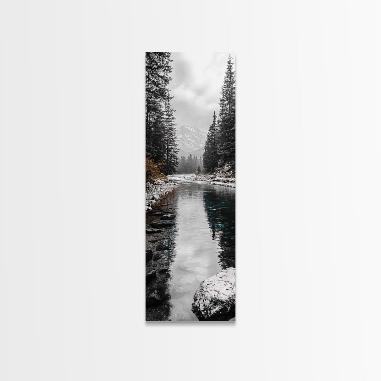 Mountain River, Forest Reflections, Nature Tranquility, Winter Pines, Canvas Print, Serene Landscape Wall Art, Bedroom Cabin Decor