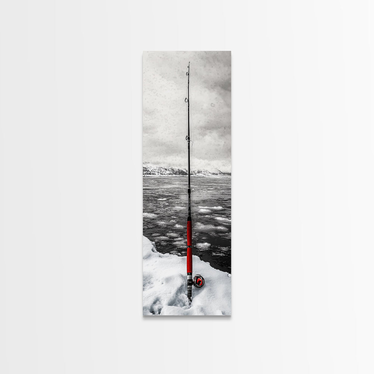 Ice Fishing Rod, Snow Adventure, Winter Sport, Framed Canvas Print, Man Cave Decor, Rustic Cabin Wall Art, Outdoor Lifestyle Photography