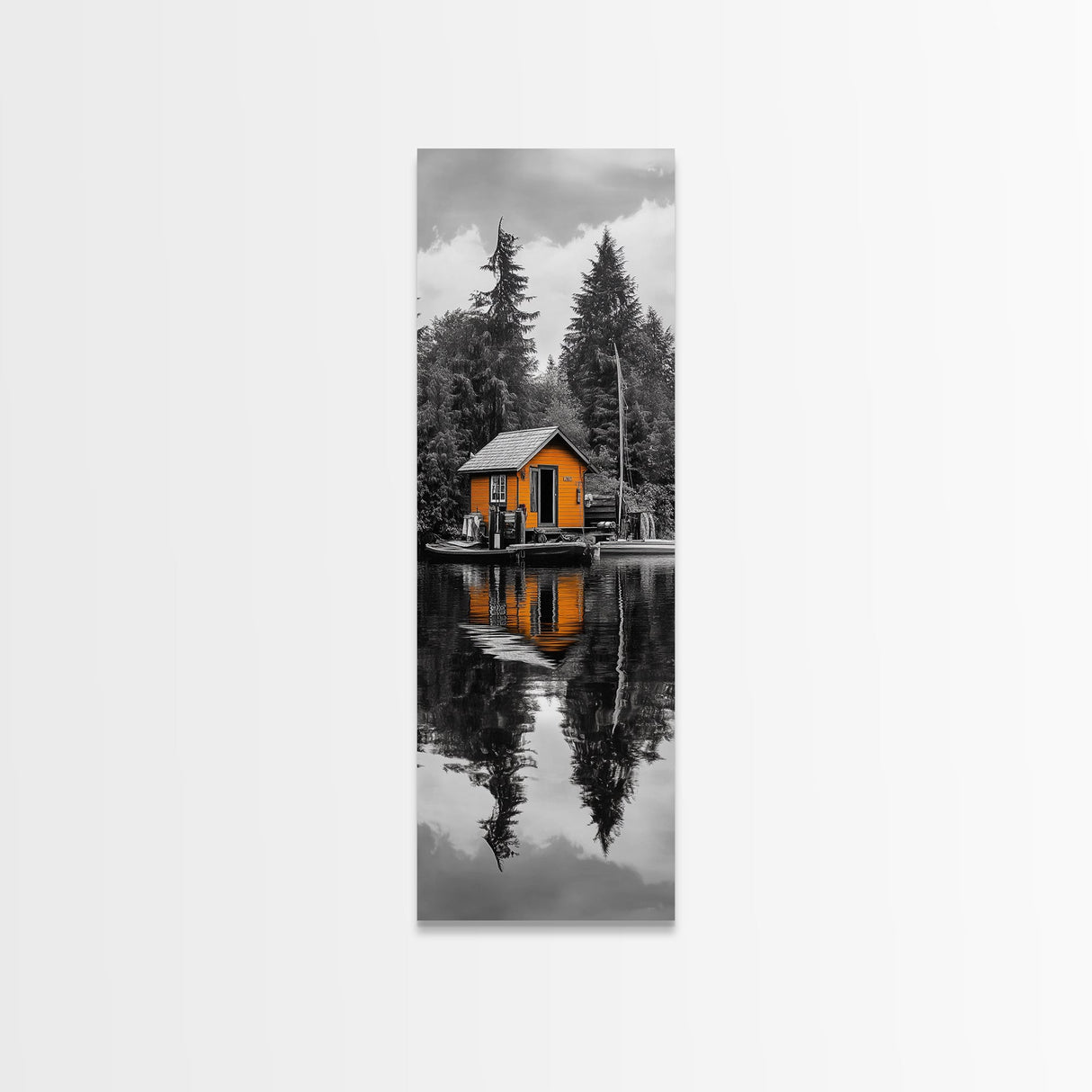 Lake Cabin, Reflection Serenity, Forest Escape, Framed Canvas Print, Nature Wall Art, Rustic Lodge Decor, Cabin Living Room Inspiration