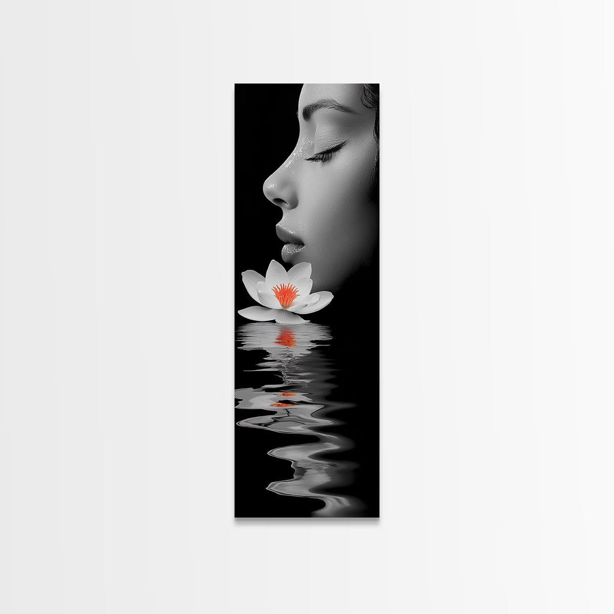 Lotus Beauty, Reflection Art, Feminine Calm, Elegant Profile, Framed Canvas Print, Spa Wall Art, Zen Decor, Minimalist Bathroom Art